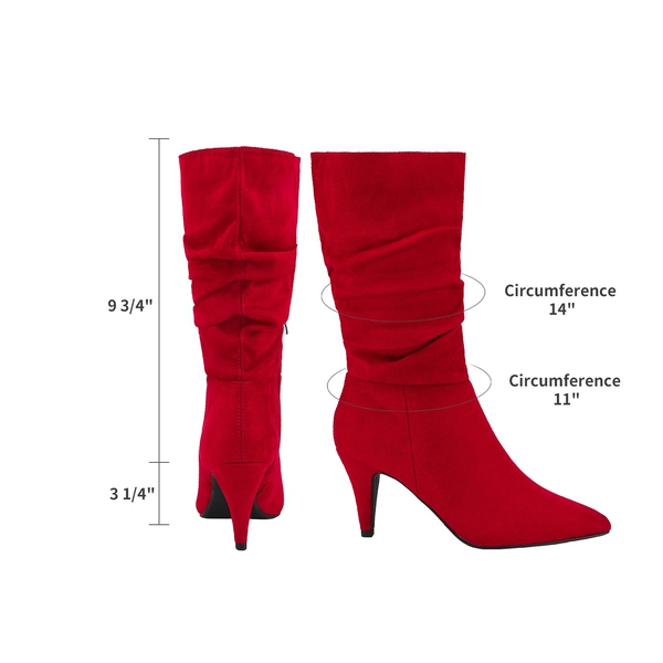 Mid Calf High Heel Boots - RED SUEDE - 4